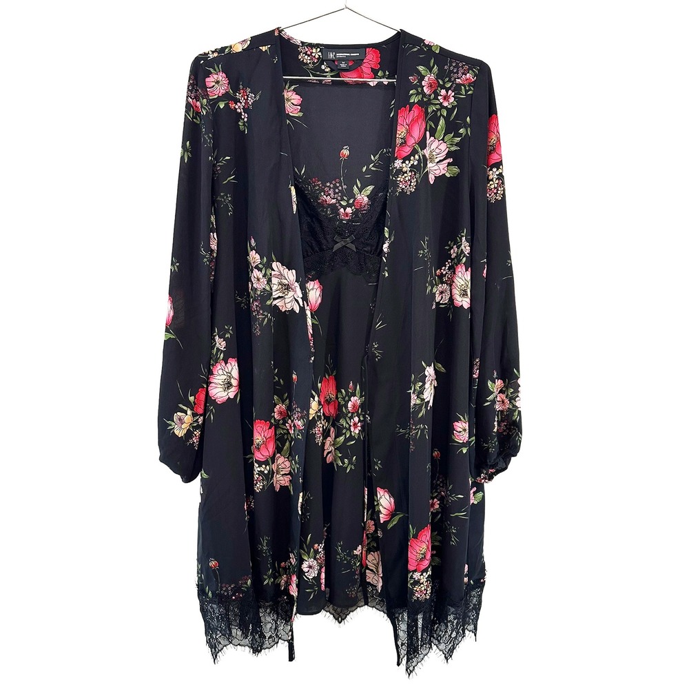 INC Floral Satin & Lace Robe and Babydoll Chemise Set • Medium • black pink